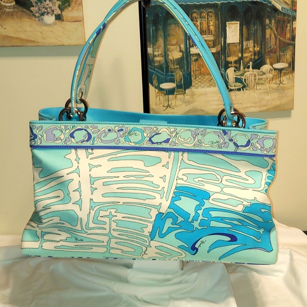 EMILIO PUCCI-Vintage authentic Pucci print Blue,Turquoise Canvas & Leather bag - Picture 2 of 15